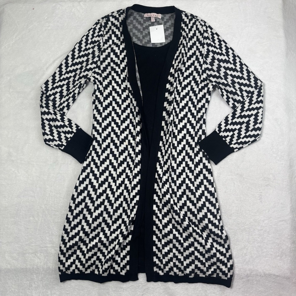 NWT Harlow & Rose Long Knitted Cardigan Dress Black White‎ Zig Zag Women's Large